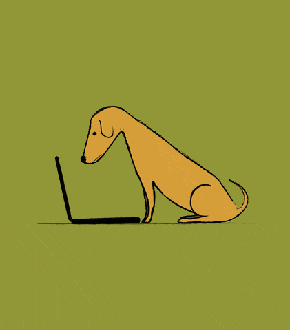 Animácia psa pozerajúca do notebooku