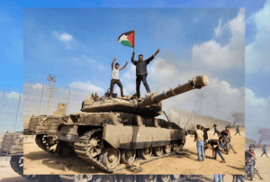 Bojovníci Hamasu na izraelskom tanku, ktorý zneškodnili v sobotu 7. októbra.
